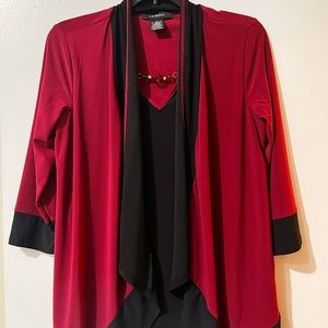 Liz McCoy Burgundy & Black Top. ALL-IN-ONE: Top, cardigan, & necklace. Size S